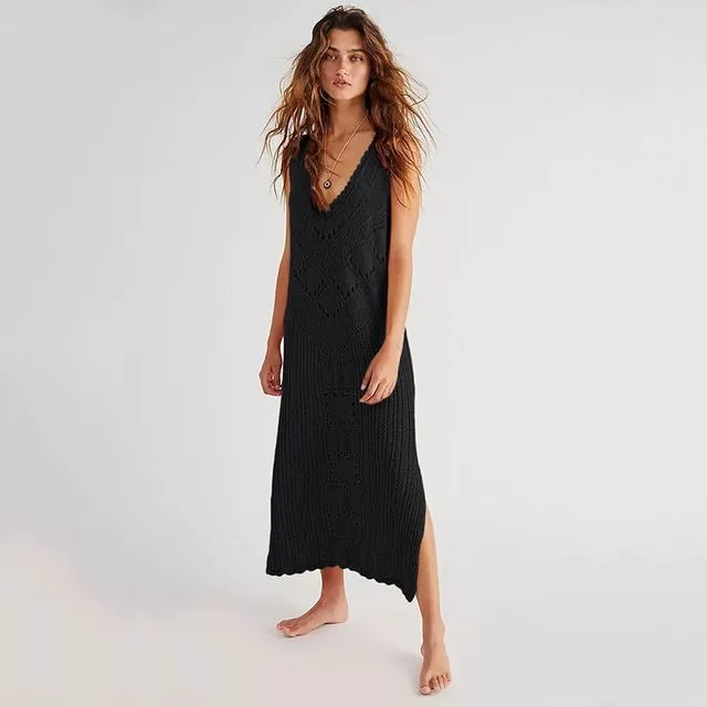 Solid Hollow Knitted Vacation Cover-Up-BLACK