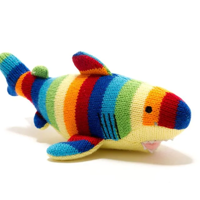 Knitted Shark Baby Rattle with bold stripes