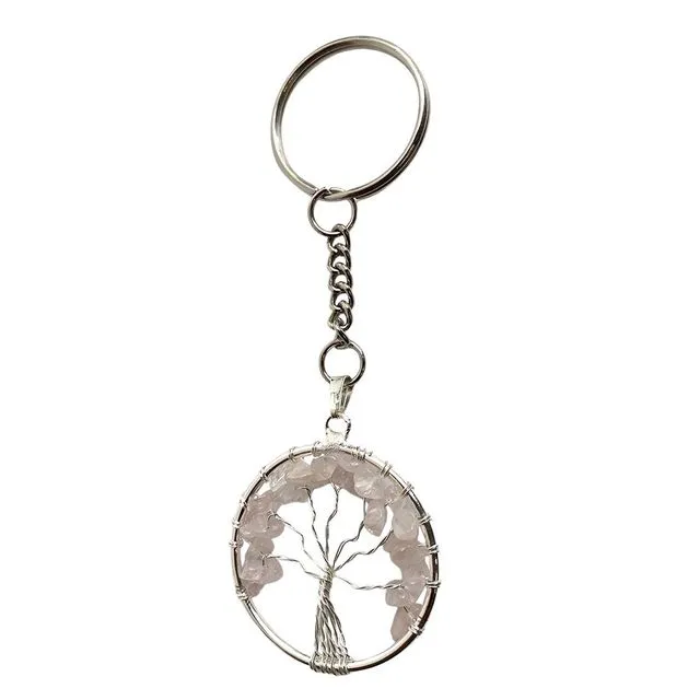Rose Quartz Crystal Tree of Life Keychain