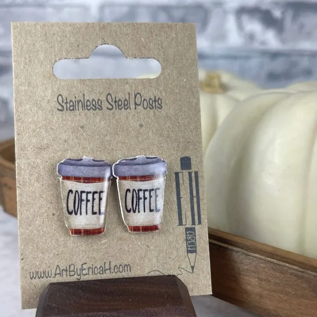 Handmade Earrings - To-Go "Coffee" Coffee Cup - Stainless Steel Studs - Dark Plaid