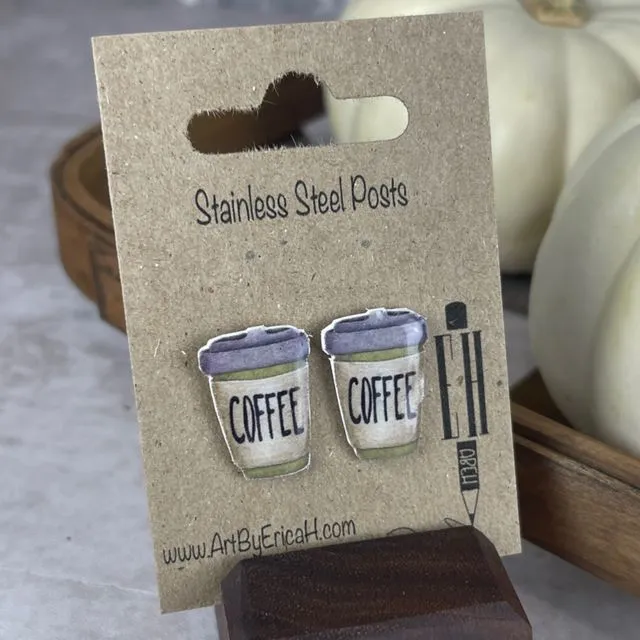 Handmade Earrings - To-Go "Coffee" Coffee Cup - Stainless Steel Studs - Green