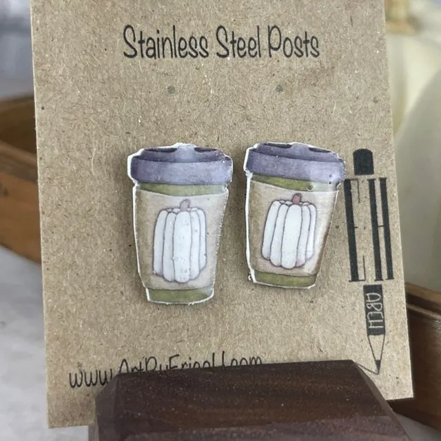 Handmade Earrings - To-Go Pumpkin Spice Coffee Cup - Stainless Steel Studs - Green