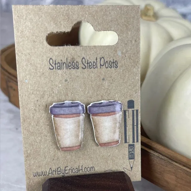 Handmade Earrings - To-Go Coffee Cup Earrings - Stainless Steel Studs - Rust Cup