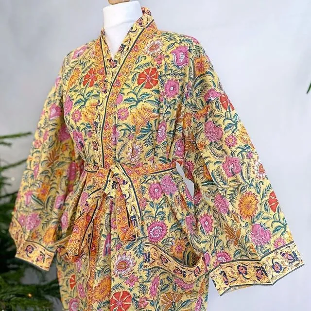 Pure Cotton Handprinted House Robe Botanical Kimono - Gardenia Floral Bloom l Beach Coverup/Comfy Maternity | Spring Soft Yellow Pink Orange