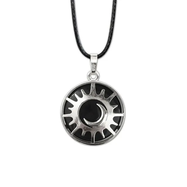 Black Agate Gemstone, Sun & Moon Necklace, Black Gem Pendant