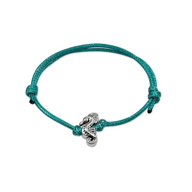 Seahorse Charm Bracelet, Silver Charm, Blue String Bracelet