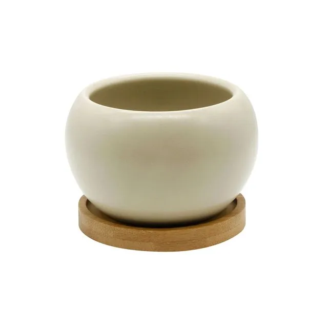 Beige Planter Pot with Bamboo Saucer, Succulent Plant Holder, Round Garden Pottery