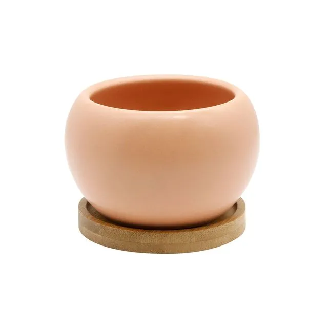 Plant Pot Holder, Pottery Bamboo Saucer, Planter Pink Salmon, Round Garden Pottery