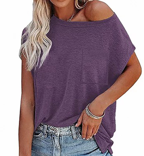 Women Casual Betwing Sleeve Rounded Neck Basic Shirt (Purple)
