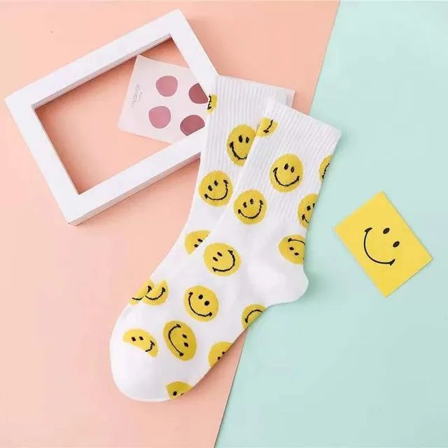 Cute Colorful Small Smiles Printing Crew Socks (White)