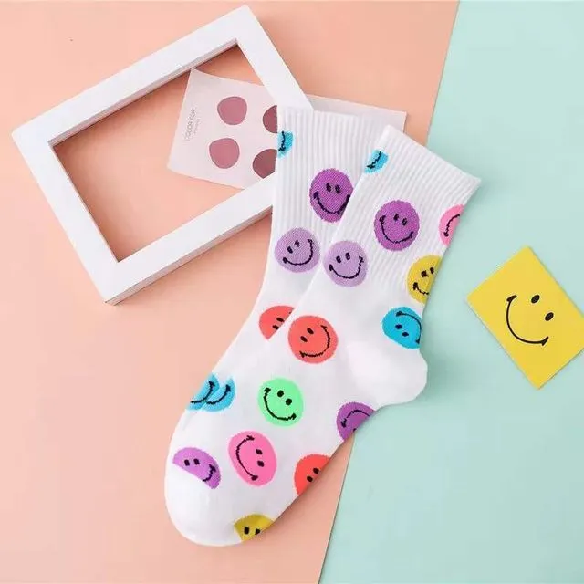 Cute Colorful Small Smiles Printing Crew Socks (White/Rainbow)