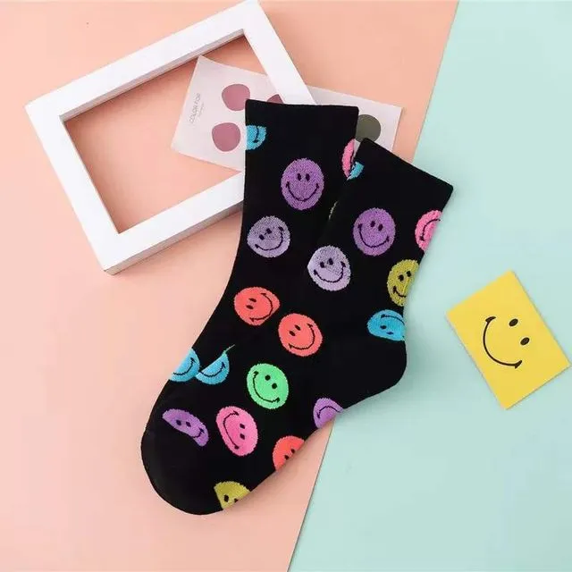 Cute Colorful Small Smiles Printing Crew Socks (Black/Rainbow)