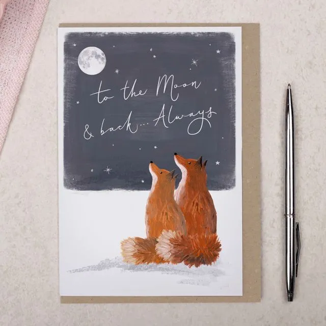 Valentine's Day Card | Foxes Under Moon | Happy Valentine's Day Greeting Card
