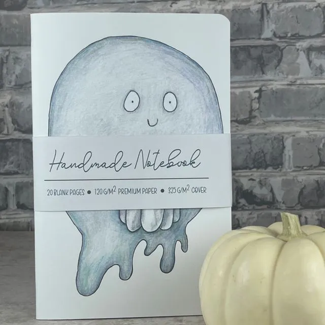 Handmade Saddle Bound Notebook- Pumpkin Ghost Notebook - A5 - White Cover
