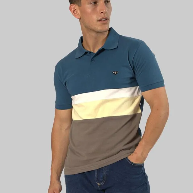 Men's Panel Polo Shirt Casual Wear Chest Stripe In Dark Blue