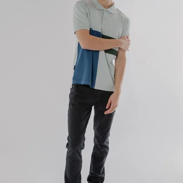 Vertical Panel Short Sleeve Designer Polo Shirt, Baby Blue