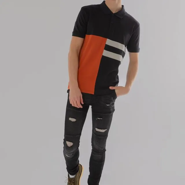 Vertical Panel Short Sleeve Designer Polo Shirt, Black