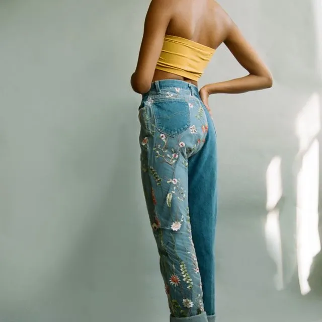 High Waisted Recycled, Colourful Asymmetrical Embroidery Jeans, Blue Denim