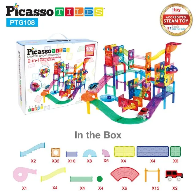 PicassoTiles® 108pc 2-in-1 Magnetic Marble Run Set & Racing Track Set PTG108