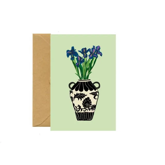 Peony Scroll Vase & Irises Greetings Card