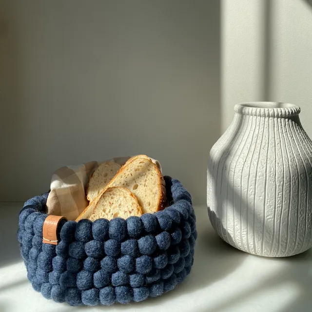 Pipa Basket (Navy) - 100% handcrafted with felted wool balls