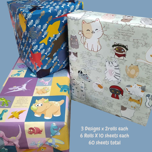 Gift Wrapping Paper, 3 Designs (60 Sheets)(2 Roll per design) 70 x 50 cms size premium quality gift wraps for all occasions, with Fun Facts for kids and all ages