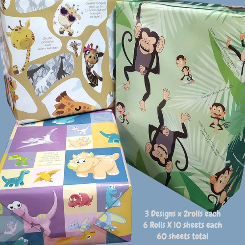 Gift Paper, 3 Designs (60 Sheets)(2 Roll per design) 70 x 50 cms size Premium quality strong but soft to fold paper with fun facts