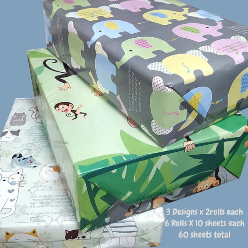 Gift Wrappers, 3 Designs (60 Sheets)(2 Roll per design) 70 x 50 cms size wraps for all ages and all occasions, Thoughtful paper gifting stationery