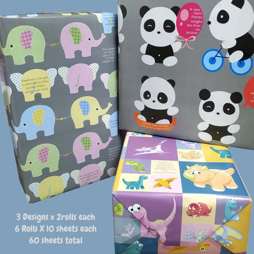 Gift Packing Papers, 3 Designs (60 Sheets)(2 Roll per design) 70 x 50 cms size wraps for Birthday and All Occasion for all Ages