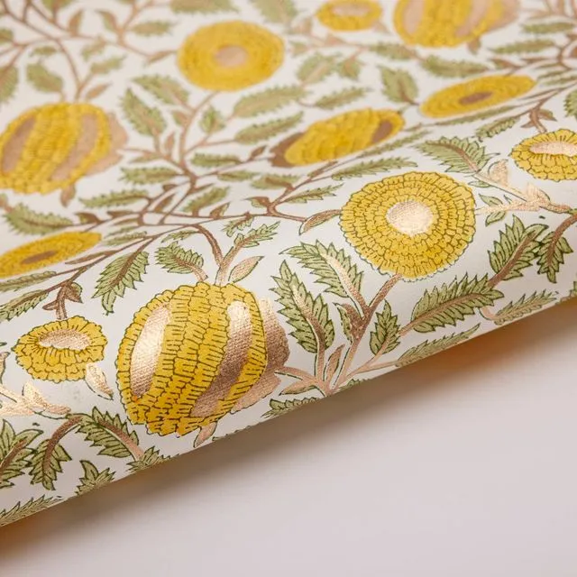 Hand Block Printed Gift Wrap Sheets -Marigold Glitz Sunshine - Pack of 15