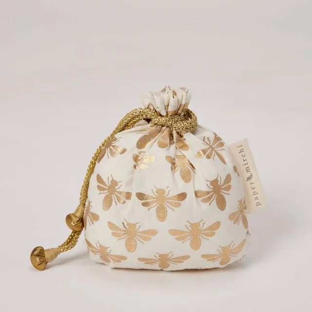 Reusable Fabric Gift Bags Double Drawstring - Vanilla Bees Small - Pack of 4