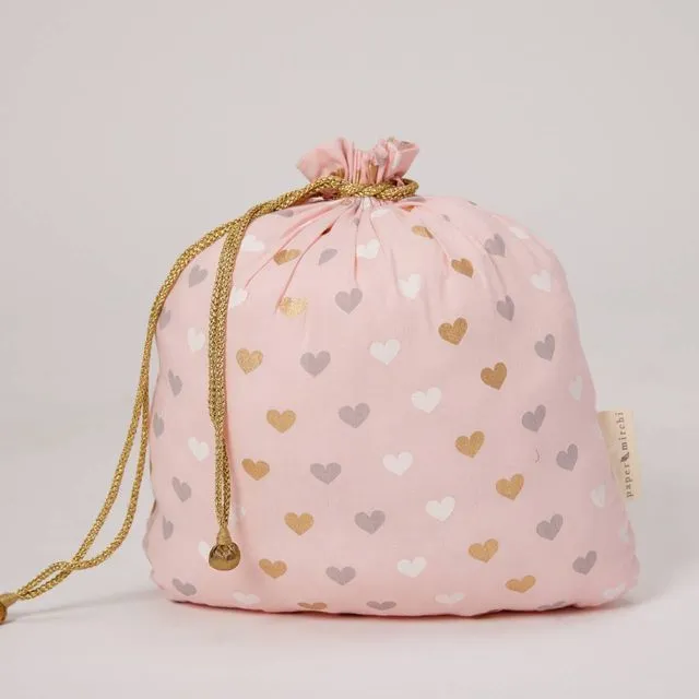 Reusable Fabric Gift Bags Double Drawstring - Pink Hearts Large - Pack of 4
