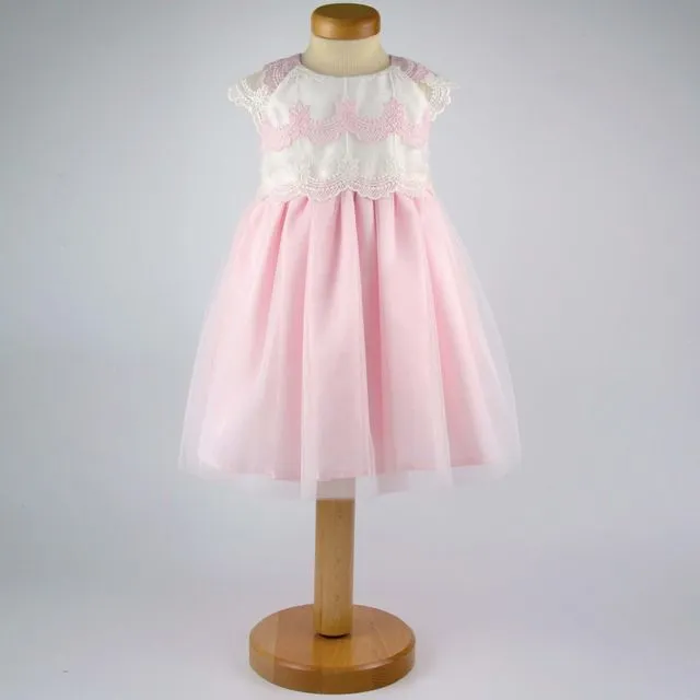 Rebecca - Girls Pink and Ivory Lace Party Dress 0 to 24 months