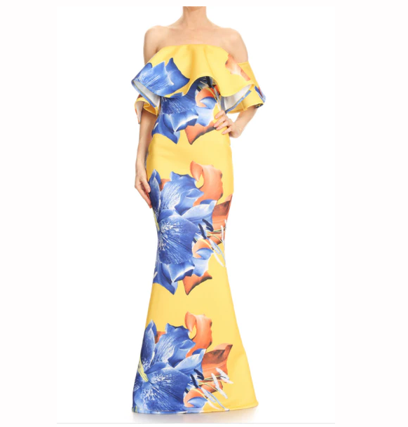 Junie Floral Print Off Shoulder Mermaid Silhouette Maxi Dress