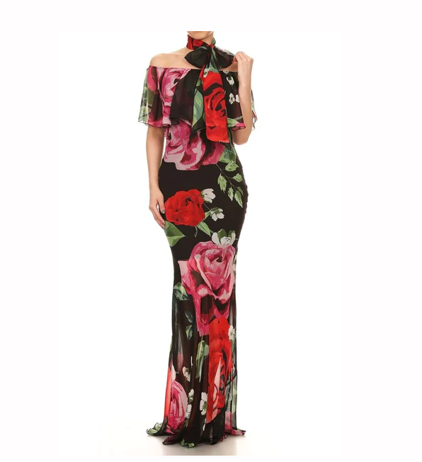 Melody Floral Print Chiffon Off Shoulder Maxi Dress