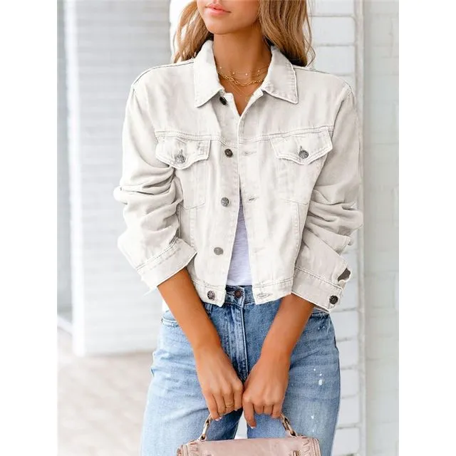 Solid Color Denim Jacket Jacket Long Sleeve Top-WHITE