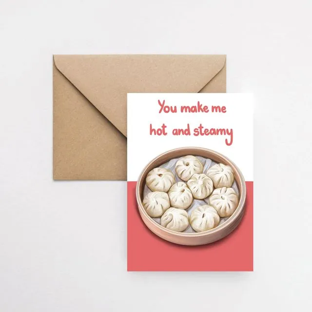 You make me hot and steamy - love romantic A6 greeting card with brown Kraft envelope