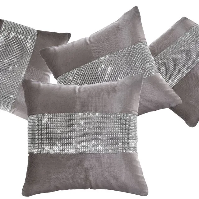 Set of 4 Silver Crushed Velvet Mega Cushion Covers Diamante Embellished 55 x 55 cm