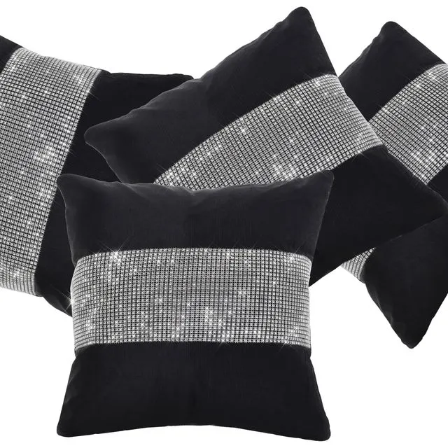 Set of 4 Black Crushed Velvet Cushion Covers Diamante Embellished 43 x 43 cm