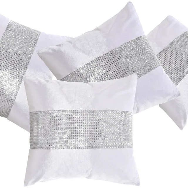 Set of 4 White Crushed Velvet Cushion Covers Diamante Embellished 43 x 43 cm