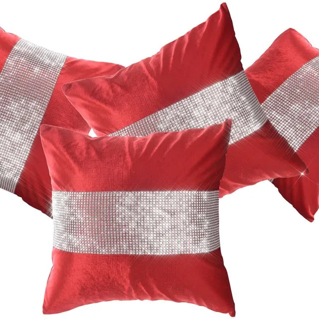 Set of 4 Red Crushed Velvet Mega Cushion Covers Diamante Embellished 55 x 55 cm
