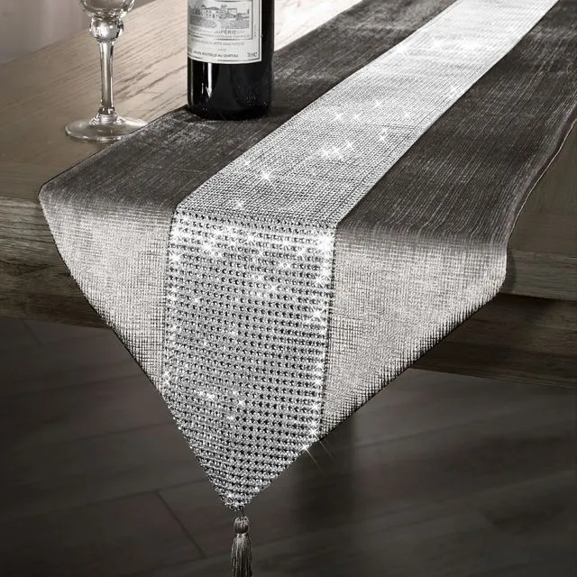Luxury Velvet Silver Tasselled Table Runner 13 x 72 Inches