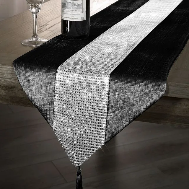Luxury Velvet Black Tasselled Table Runner 13 x 72 Inches