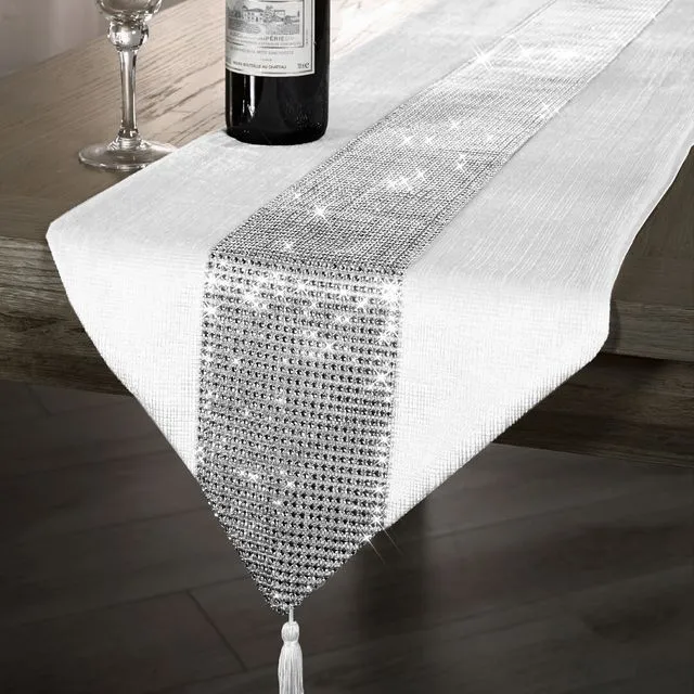 Luxury Velvet White Tasselled Table Runner 13 x 72 Inches