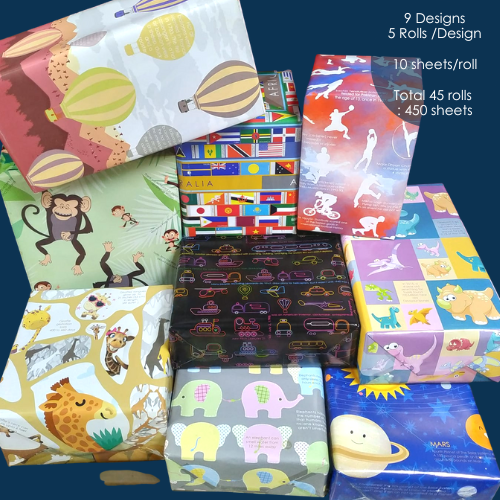 Gift packing Papers, 9 designs (450 sheets bundle)(5 rolls per design) 70 x 50 cms size wraps for all ages and all occasions, Thoughtful paper gifting stationery
