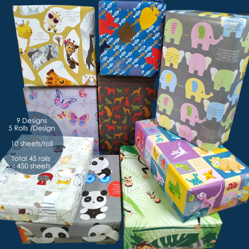 Birthday wrappers, 9 designs (450 sheets bundle)(5 rolls per design) 70 x 50 cms size Premium quality wraps for all ages and all occasions