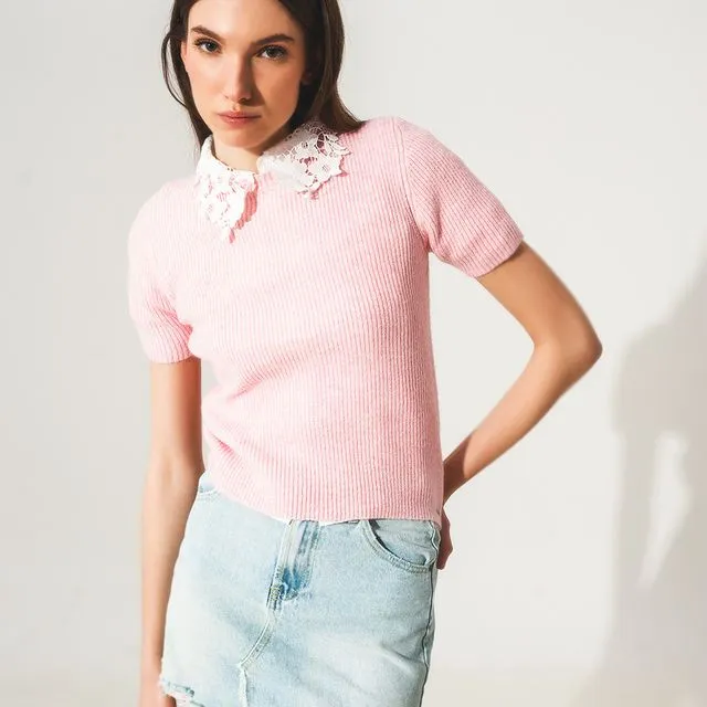 RIBBED SHORT SLEEVE CROP KNITTED TOP IN PINK