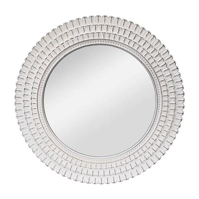 31.5" Round Disdressed White Wood Wall Mirror