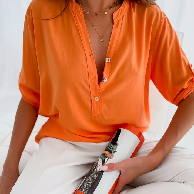 Solid Color Short Sleeves Buttoned Casual Loose Blouse-ORANGE