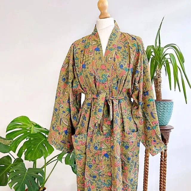 Pure Cotton Handprinted House Robe Summer Kimono | Floral Beach Coverup/Comfy Maternity Mom | Spring Olive Green Blue Peach Botanical Forest